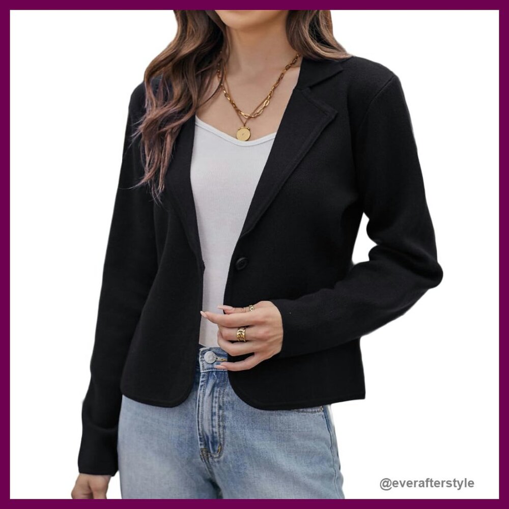 Cropped Sweater Blazer Knit Cardigan Lightweight Button Front Chic Work Wear